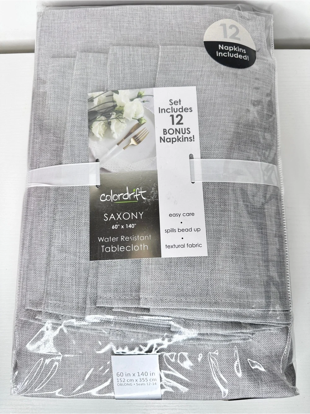 New Colordrift Saxony 60” x 140” Oblong Tablecloth Water Resistant + 12 Napkins